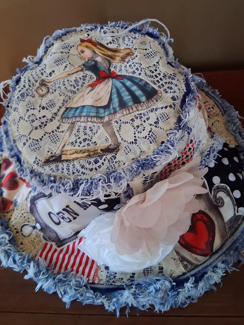 Boho Patchwork Denim Floral Accent Sun Hat with Pink and White Flowers